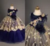 Navy Blue Gold Evening Party Dresses Little Girls Floral Applique Hand Made Flowers Feathers Pearls Cap Sleeve Jewel Girls Pageant Dress