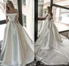 Off Schouder Eenvoudige Elegante Een Lijn Trouwjurken met Zakken Kralen TailleSatin Vestidos De Noiva Bruidsjurken Trouwjurk vestidos