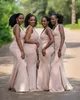 African Sexy V Neck Sleeveless Side Split Bridesmaid Dresses Satin Zipper Back Sweep Train Mermaid Wedding Guest Dress