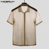 Männer Casual Hemden Mesh-Shirt Männer Kurzarm Revers Einfarbig Transparent Chic Party Bühne Leistung 2021 Camisas Hombre INCERUN1