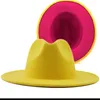 Blue yellow Patchwork Wool Felt Jazz Fedora Hat Women Unisex Wide Brim Panama Party Trilby Cowboy Cap Men Gentleman Wedding Hat7030440