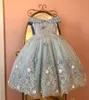 Lekkie niebieskie suknię piłkarską Perły Flower Girl Sukienki na ślubne suknie konkursowe Suknie