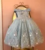 Light Sky Blue Ball Gown Pearls Flower Girl Dresses For Wedding Appliced ​​Pageant Gowns Golvlängd Tulle Första nattvardsklänning