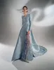 2021 Elegant Evening Dresses Satin V Neck Long Sleeve 3D Floral Appliques Prom Dress Side Split Celebrity Runway Fashion Gowns