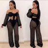 Hollow Out See Through Sexy Two Piece Pants Lantern Sleeve Bow Bandage Crop Top And Straight Wide Leg Pant