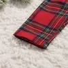 Julflickor Kläder Set Långärmade bokstäver Skriv ut Romper Top + Sequins Bow Plaid Suspenderbyxor + Headband 3pcs / Set för Xmas M2841