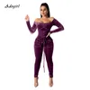 우아한 어깨 벨벳 Jumpsuit 여성 긴 소매 레이스 Gromment Bodycon Jumpsuit 섹시한 붕대 클럽 복장 Romper 2XL T200808