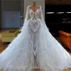 Witte Veren Gezwollen Avondjurken voor Bruiloft Arabische Robe De Soiree Couture Aibye Trouwjurk Kaftans Optocht Jurken Dubai220r