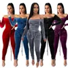 Elegante Off Ombro Jumpsuit de veludo Mulheres Manga Longa Lace Up Gromment Bodycon Jumpsuit Sexy Bandage Club Outfit Romper 2xL T200808