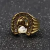 Cool Design Gold Crystal Lucky Horseshoe Ring rostfritt stål Racing smycken Gold Horse Head Ring Band Finger3008