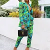 2020 Autumn Women Pant Suits Green Jungle Print Blazer Vintage Streetwear lange mouw jas en hoge taille broek 2 -delige set