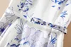 Blauw en wit porselein bloemprint vrouwen A-lijn jurk mouwloos met riem jurken