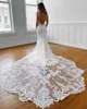 Urocze Syrenki Koronki Backless Suknie Ślubne V Neck Court Train Suknie Ślubne Plus Rozmiar Robe de Mariée