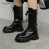 Stiefel 2021 Trendy Frauen Mid-Calf Echtes Leder Rindsleder Seitentaschen Plattform Schwarz Mittlere Booties Punk Street Younster1