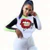 Womens Lips Patronen Tee T-shirts Mode Trend Ronde hals Lange Mouw Tees Tops Designer Summer Vrouwelijke Casual Slanke Tshirt