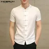 Incerun Çin tarzı geleneksel gömlek erkekler kısa kollu vintage zarif gömlek düz renk ince erkekler rahat elbise gömlek kimyasal