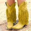 Women Mid-calf Low Heel Bohemia Style Gladiator Motorcycle Boots Fringed Cowboy Boots Shoes Spring Autumn Women Tassel