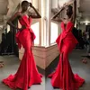 Rood satijn zeemeermin avondjurken Zuid-Afrikaanse strapless peplum prom jurken goedkope sweep trein formele partij vestidos op maat gemaakt