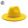 FS Women Fedora Wool Hat Autumn Winter Gentleman Triby Felt Hats for Men Fashion Ray Blue Yellow Jazz Hats z łańcuchem CX2008198995168