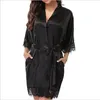 cores preto Mulheres curto vestido de cetim Nightgown macias Belt Lingerie Bath Robe de Banho Pajama Nightdress Lady Sexy Lace Up Sólidos Pijamas