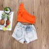 Mode Kinder Baby Mädchen aus Schulter Tops Shorts Ripped Jeans 2 stücke Set Rüschen Outfits mit Sommerkleidung 2-7Y