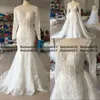 Sexy Real Image New Overskirts Mermaid Wedding Dresses Jewel Neck Lace Appliques Crystal Long Sleeves Detachable Train Bridal Gowns 403