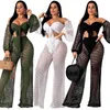 Hollow Out See Through Sexy Two Piece Pants Lantern Sleeve Bow Bandage Crop Top And Straight Wide Leg Pant