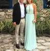 New Simple Design Halter Neck Key Hole Mint Party Prom Gown A-Line Chiffon Backless Prom Long Elegant Evening Dresses