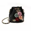 Vintage Handmade Flowers Bucket Bags Mini Shoulder Bags With Drawstring Small Cross Body Bags Pearl Pu Leaves Decals