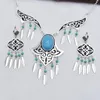 Retro silver blue gemstone tassel necklace earrings set female bohemian gypsy party jewelry set