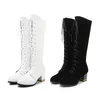 Plus size 34-43 coxa alta botas branco mulheres vintage couro quadrado salto alto zíper joelho altura de altura lace-up boot manter sapatos quentes