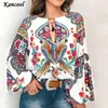 Kobiety Boho Latarnia Z Długim Rękawem Loose V Neck Kwiatowe Koszule Topy Ladies Hippie Tunika Bluzka Koszula Jesień Casual Topy