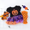 ハロウィーンの赤ちゃんの女の子の服セットロンパースチュチュドレス+ヘッドバンド+ニーパッド+シューズ4ピーススーツハロウィーンキッズポットスノーカボチャジャンプスーツD82503