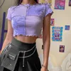 E-Girl Y2K Glitter Tie Dye Patchwork Plaid Crop Tops Zoete O-hals Ruffles Hem Korte Mouw Paars T-shirts Vintage 90s