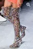 Abisire 2019最新の女性マルチカラーキラキラスクエアハイヒールの上膝のブーツレディース尖ったつま先サイドジッパー滑走路シューズCX200821