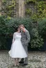 Старинные чайные чайные платья свадебные платья - платье для невесты 2021 иллюзия жемчужина шеи ясных 3/4 кружева длинные рукава пухлые тюль юбка короткие сад свадебные платья просто
