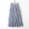 Surmitro oregelbunden tulle kjol kvinnor vår sommar koreansk elegant hög midja pläterad kvinnlig a-line lång maxi 210421