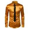 Herr guld siden satin 2 st klänningskjortor (skjorta+slips) Märke Slim Fit Button Down Bröllopsfest Balskjorta Man Chemise Homme 3XL