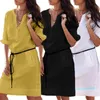 Hot Sale 2019 Sommar Halv Ärmskjorta Klänning Kvinnor Modefickor V Neck Casual Straight Dresses Vestidos Midi Beach Dress Kvinna