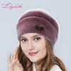 Cappello da donna Liliyabaihe Ornamenti in lana d'angora lavorata a maglia invernale Doppio caldo Davi22