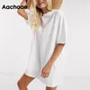 Aachoae Kvinnor Casual Loose Solid Bomull T-shirt Klänning O Neck Oversize Mini Dress Batwing Kortärmad Grundläggande Klänningar Vestidos