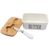 Boterbox Nordic Ceramic Container Opslag Lade Dish Cheese Food Tool Keuken Keeper Houten Cover Sluiting Plaat + Mes