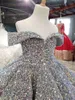 Luxe zilveren bling sequin meisjes pageant jurken pluizig off the shoulder ruches bloem meisje jurken baljurken feestjurken voor meisjes