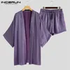 INCERUN Moda Uomo Pigiama Set Punto aperto Mezza manica Cardigan Con coulisse Pantaloncini Homewear Uomo Set Chic Shiny Nightwear Suit T200813