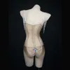 Body transparente de malla brillante con diamantes de imitación y perlas, tocado blanco para mujer, traje de espectáculo de Bar de bailarina, conjunto de traje de fiesta de cumpleaños