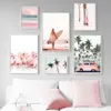 ピンクビーチフラミンゴパームツリーサーフボードウォールアートキャンバス絵画北欧のポスターとプリントリビングルームの壁の写真装飾2115785