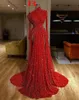 New Arrival Z Długim Rękawem Czerwony Syrenka Prom Dress One Ramię Cekiny High Side Split Długość Długość Pleatsformal Suknie Wieczorowe Robe de Soiree