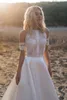 2021 Abiti da sposa sexy trasparenti Boho Beach Una linea maniche corte Hollow Lace Satin Bohemian Country Abiti da sposa da sposa Custom Made