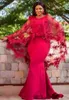 Red Lace Butterfly Shawl Evening Dresses Formal Elegant Long 2021 Plus Size Sheath Jewel Zipper African Prom Party Dress Cheap Long