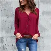 Women V Neck Blouses Casual Solid Color Long Sleeve Single Breasted Shirt Ladies Designer Loose Top